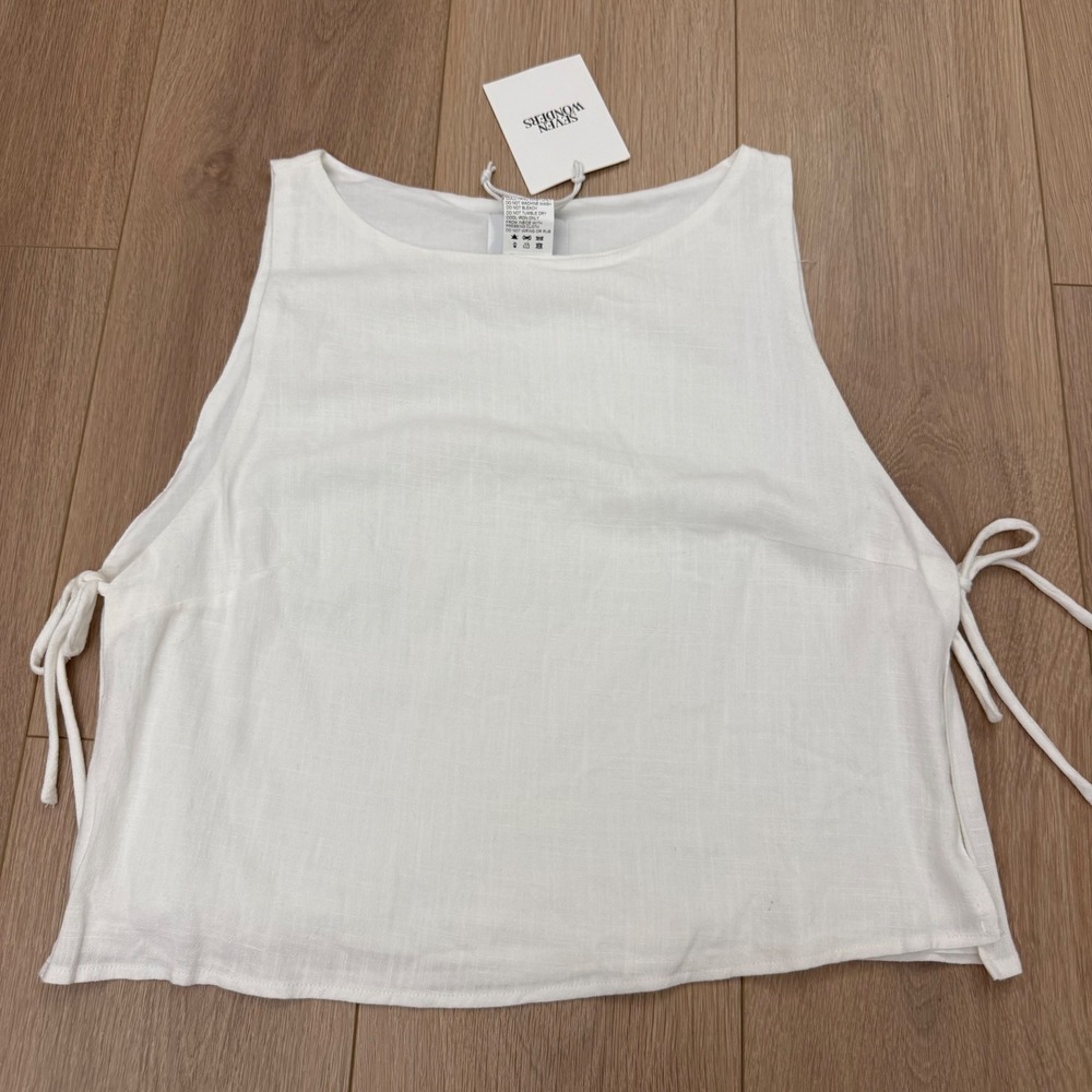 A13 Seven Wonders White Linen Blend Side Tie Crop Top Sleeveless Boat Neck XL